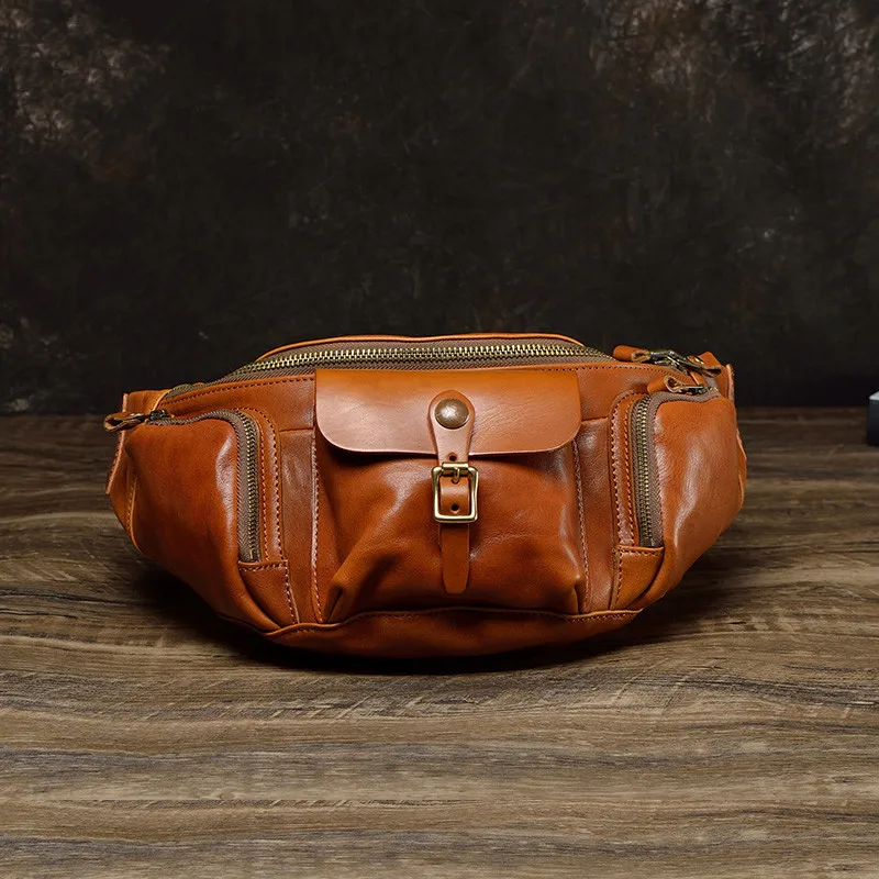 Cowhide Men\'s Chest Bag Real-Leather Bag Large Capacity Waist Pack Street Fashion Retro Shoulder Messenger Bag Dumpling Fashion