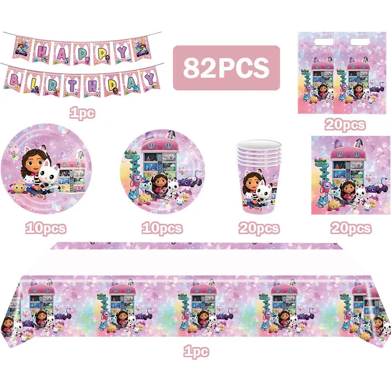 Cute Gabbys Cat Birthday Party Decorations Supplies Paper Plates Cups Tablecloth Cabby Dollhouse Gift Bags Banner Cake Decor Set