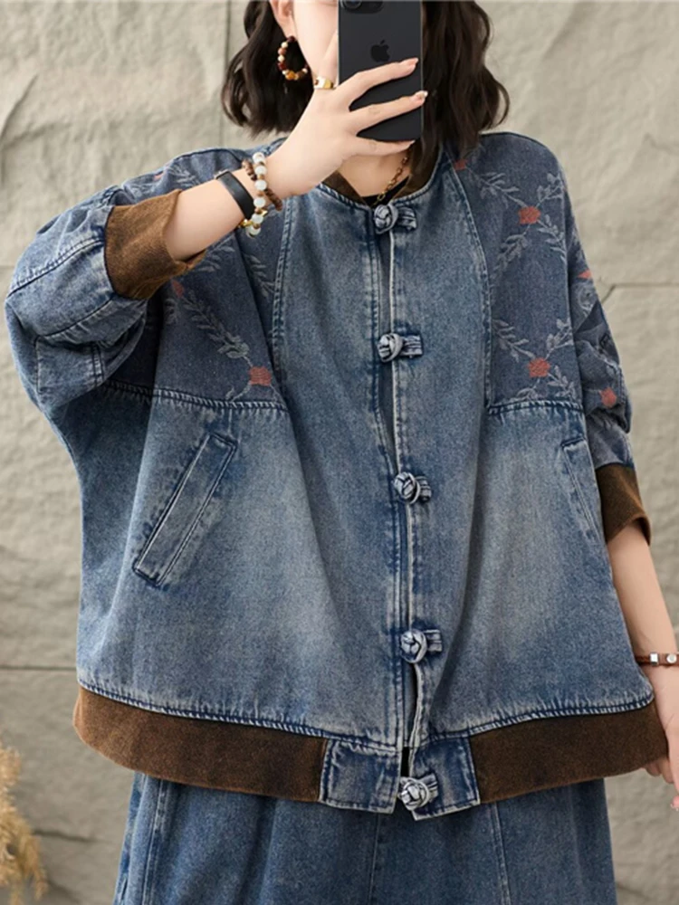 Amax LuluE 2025, chinesische Herbstmäntel, Damenmode, lockere Freizeit, bedruckte Jeansjacken, Damen, klassische Vintage-Blumen-Oberbekleidung