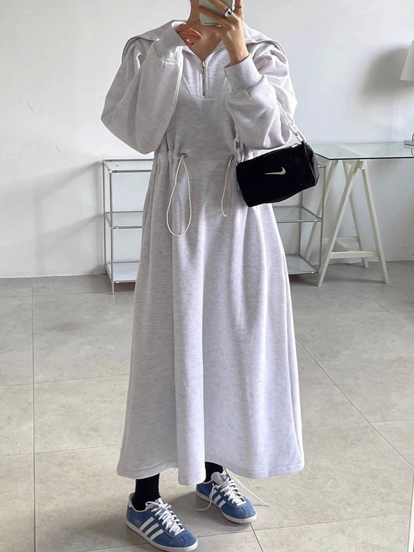 Anti-Aging Ele Collared f-Zip Dstring Hoodie Dr Damen Winter Schlankheits Langer Rock Hohe Taille Pendeln Sle