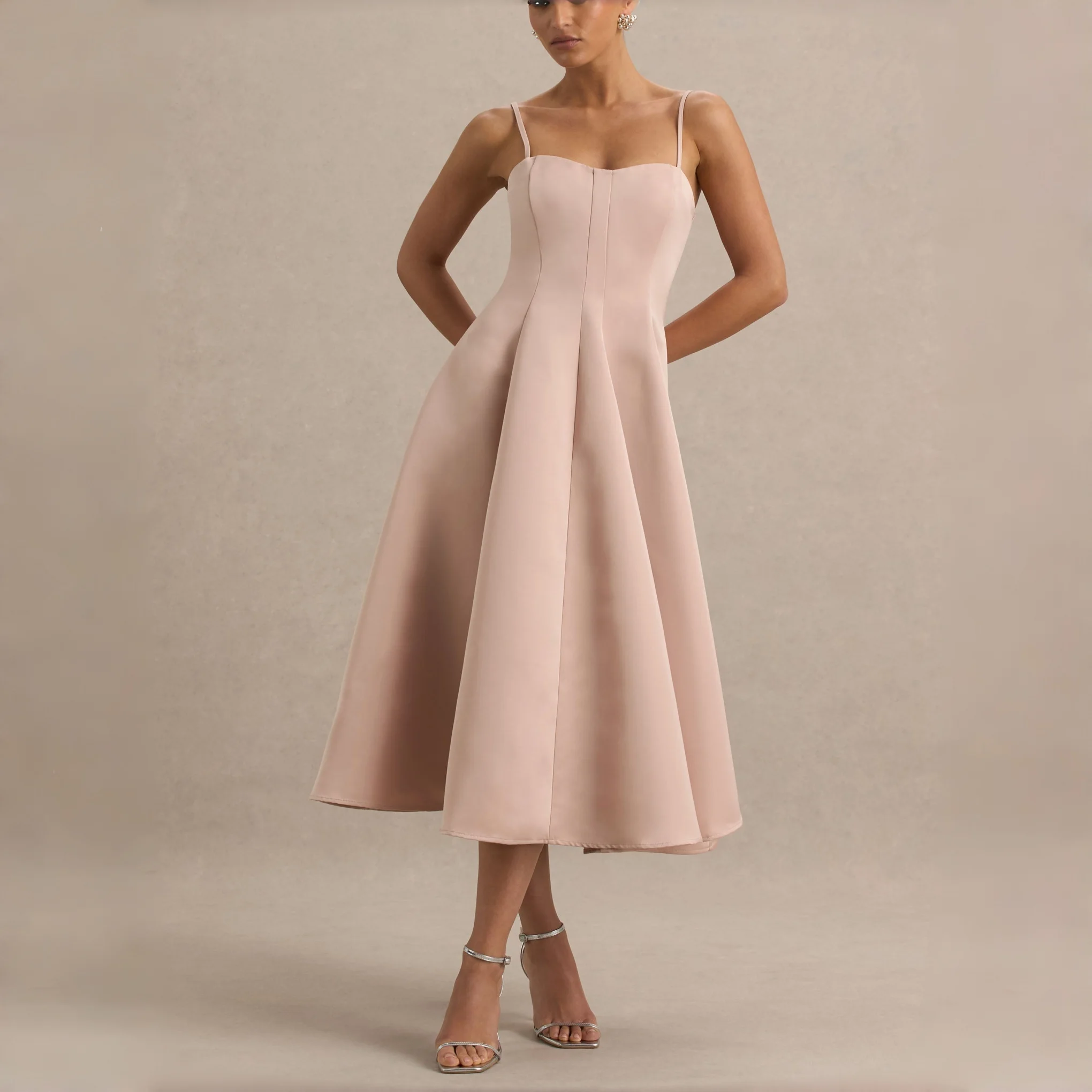 Blush Pink Spaghetti Strap Midi Dress Sweetheart Neck A-Line Formal Evening Cocktail Party Bridesmaid Prom Wedding Guest Gown