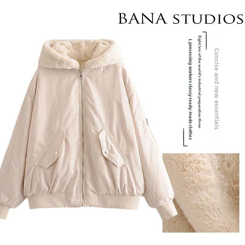 

BANA Large Size Women's Double-Sided Faux Fur Coat Hooded Jaet Street Sle Pure Color Zipper Closure Long Sve Cotton Ja...
