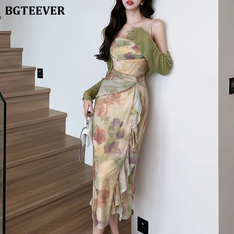 BGTEEVER Spring Summer Ladies 2 Pieces Dress Set Long Sleeve Shawl Cardigans & Floral Printed Sleeveless Package Hip Dress