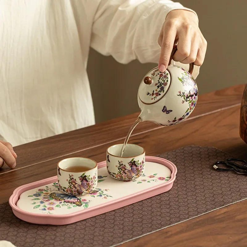 Jingdezhen Imitation Song Ru Kiln Butterfly Shadow Teapot Teacup Dry Tea Tray 1 Pot 2 Cups Travel Small Set Tea Set Ceramic Set
