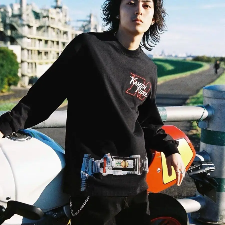 仮面ライダー変身ベルトコス長袖Tシャツ、アメリカンヴィンテージカジュアルトップ