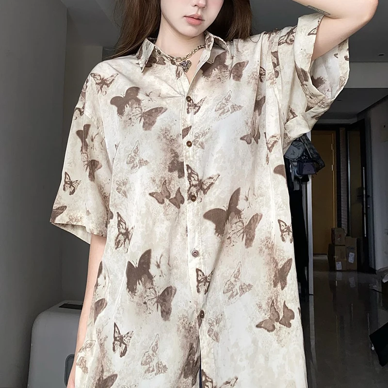 

Fashion Lapel Button Loose Printed Casual Shirts Female Clothing Summer New Oversized Vintage Tops Young Style Blouses