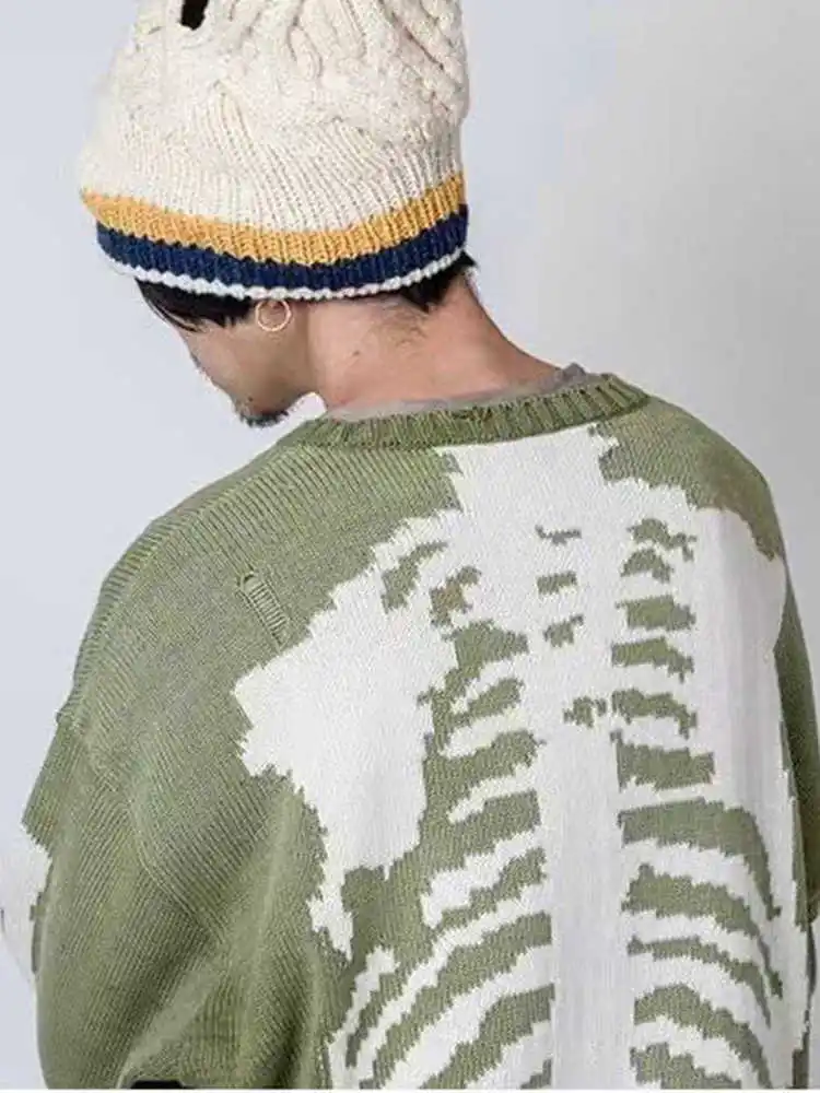 KAPITAL Hirata Kazuhiro Bone Two Tone Perforated Long Sleeved Loose Fitting Pullover Sweater for Men and Women