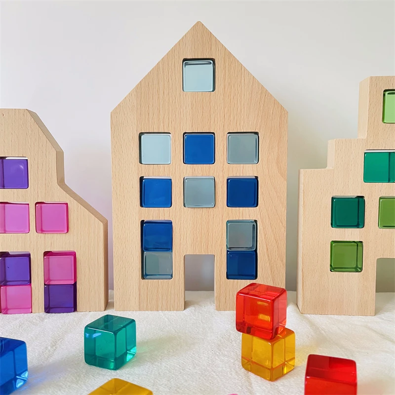 Large Dutch Wood House with Lucite Cube Acrylic Building Blocks Birthday Gift Montessori Educational Wooden Toys for Children