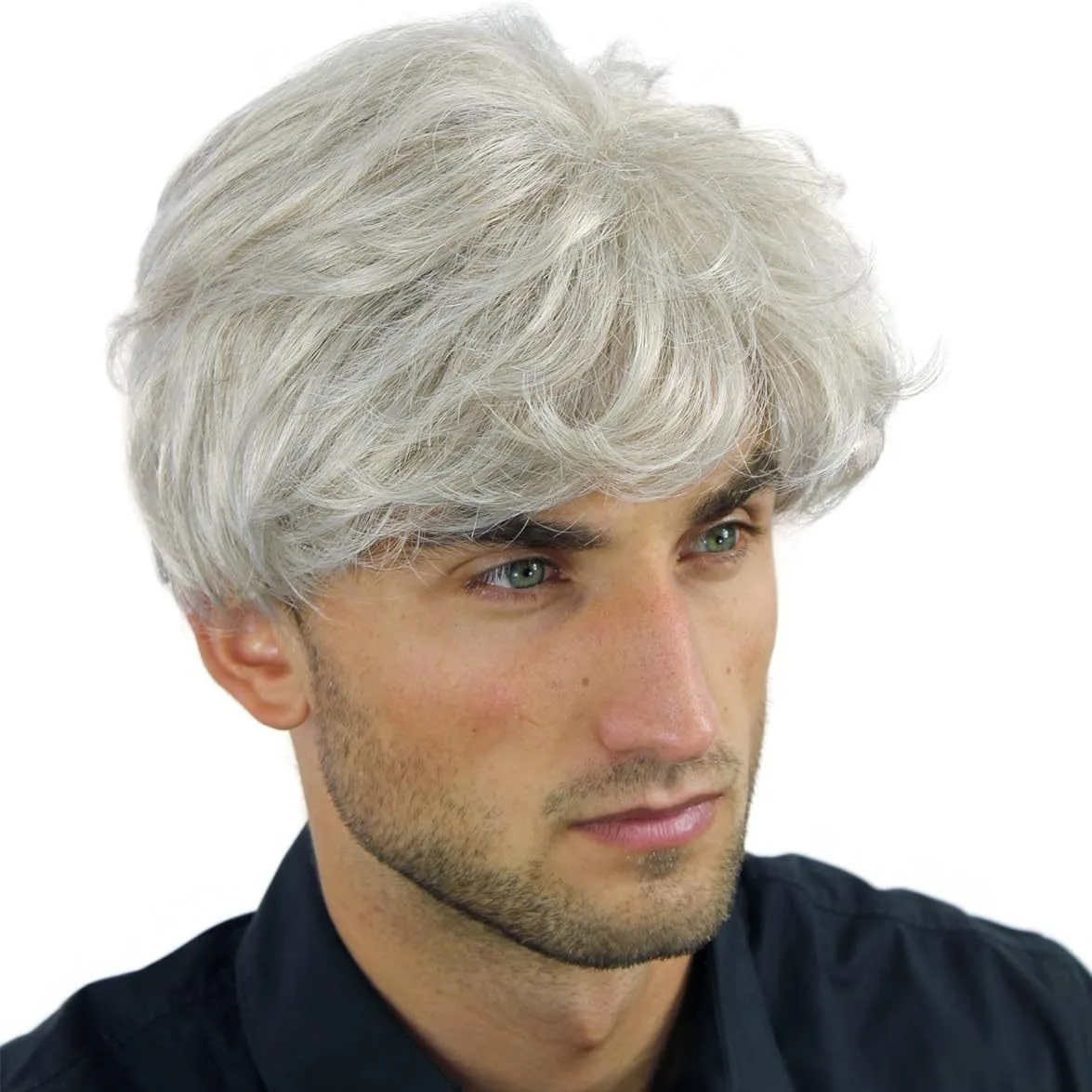 Wig Men's wig Silver-gray temperament Middle-aged men's short curly hair, headgear, chemical fiber high temperature silk wig