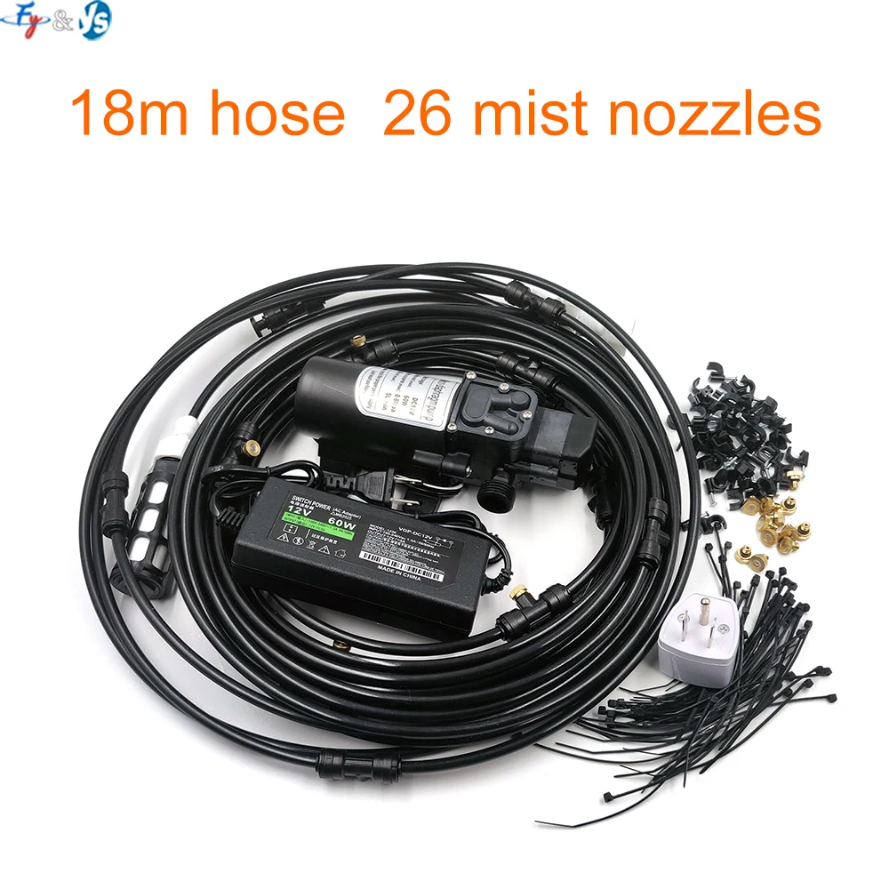 

Electric Fog Misting Kit Low Pressure Misting System for Garden Pool Cooling Greenhouse Irrigation 6-18M Hose Length 12V DC Pump