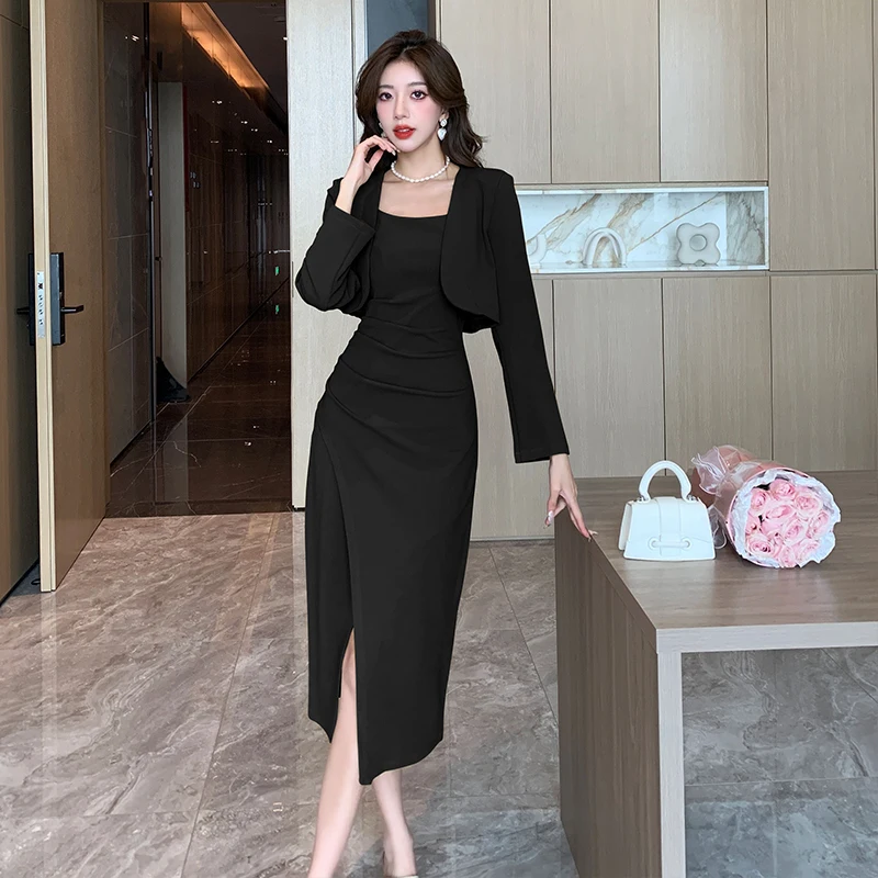 New Vintage Solid Elegant Midi Dresses for Women with Long Sleeved Cardigan Autumn Fashion Party Birthday Dress Korean Style