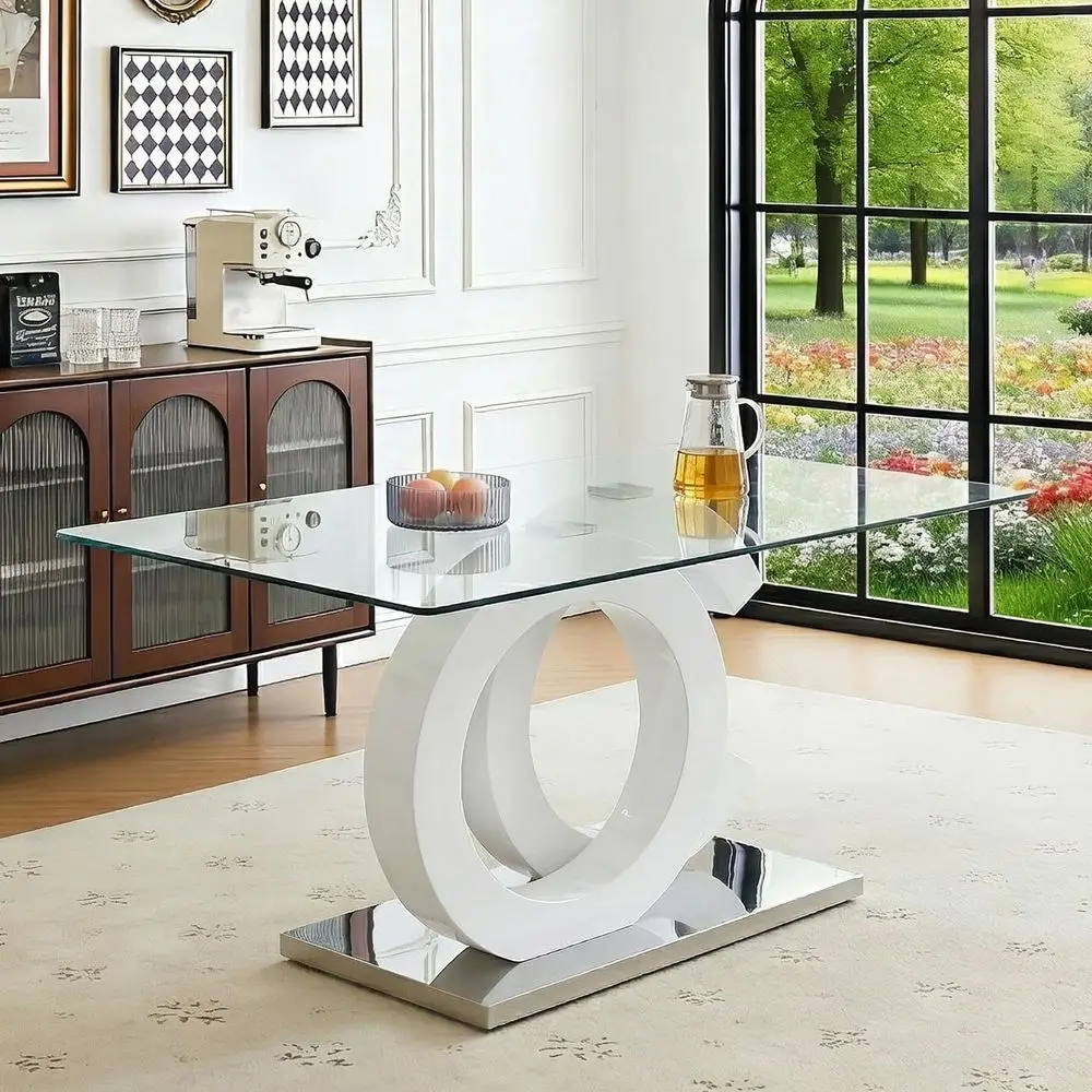 

63 Tempered Glass Dining Table with White Base for 4-6 People