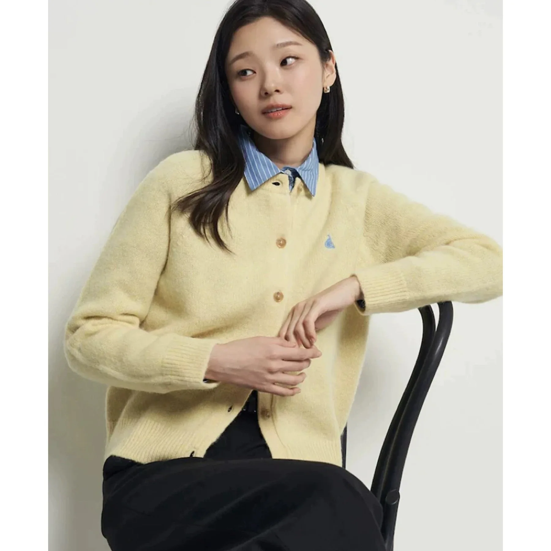 Limão queijo bp25 inverno casual versátil redondo ne cor faculdade sle aberto malha de lã cardigan malhas femininas