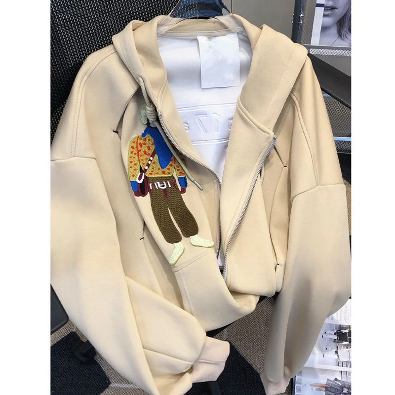 Women Trendy Funny Cartoon Embroidery Hooded Sweatshirts Casual Streetwear Y2K Zip Up Hoodies Harajuku Long Sleeve Loose Jackets