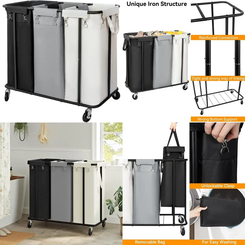 

Rolling Laundry Hamper with Wheels - 260L Capacity 3-Section Organizer Cart, Steel Frame, Removable Bags for Efficient Laundry S