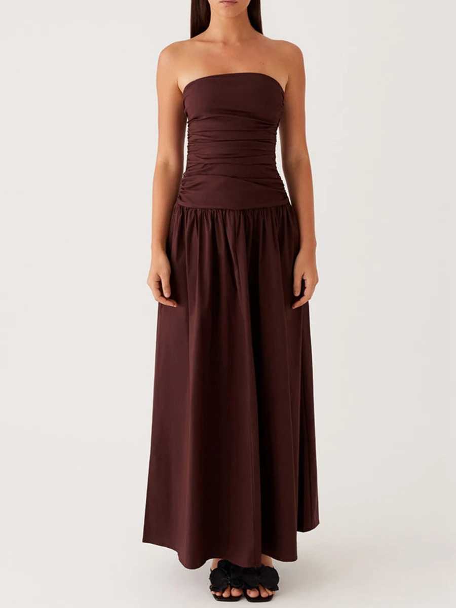 Elegant Maxi Dress with Ruched Detailing Boat Neckline Open Back and Flowy Silhouette for Women s Summer Wardrobe