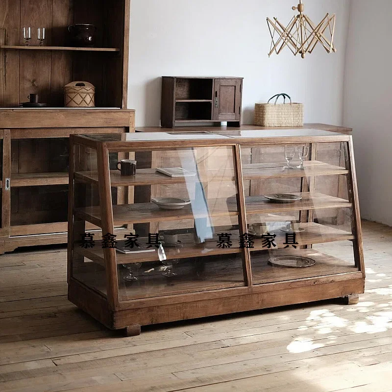 Solid wood glass sliding door sideboard, antique cup jewelry display cabinet, pantry cabinet, vintage storage sideboard
