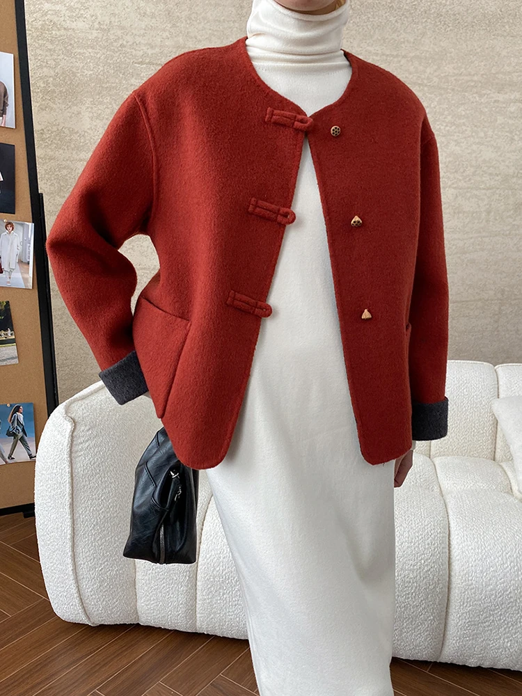 ZOCI Chinese Chic Women's Dial Buckle Woolen Coats O-neck Jackets Stitching Color Female Jackes Office Lady Tops 2024 Winter New