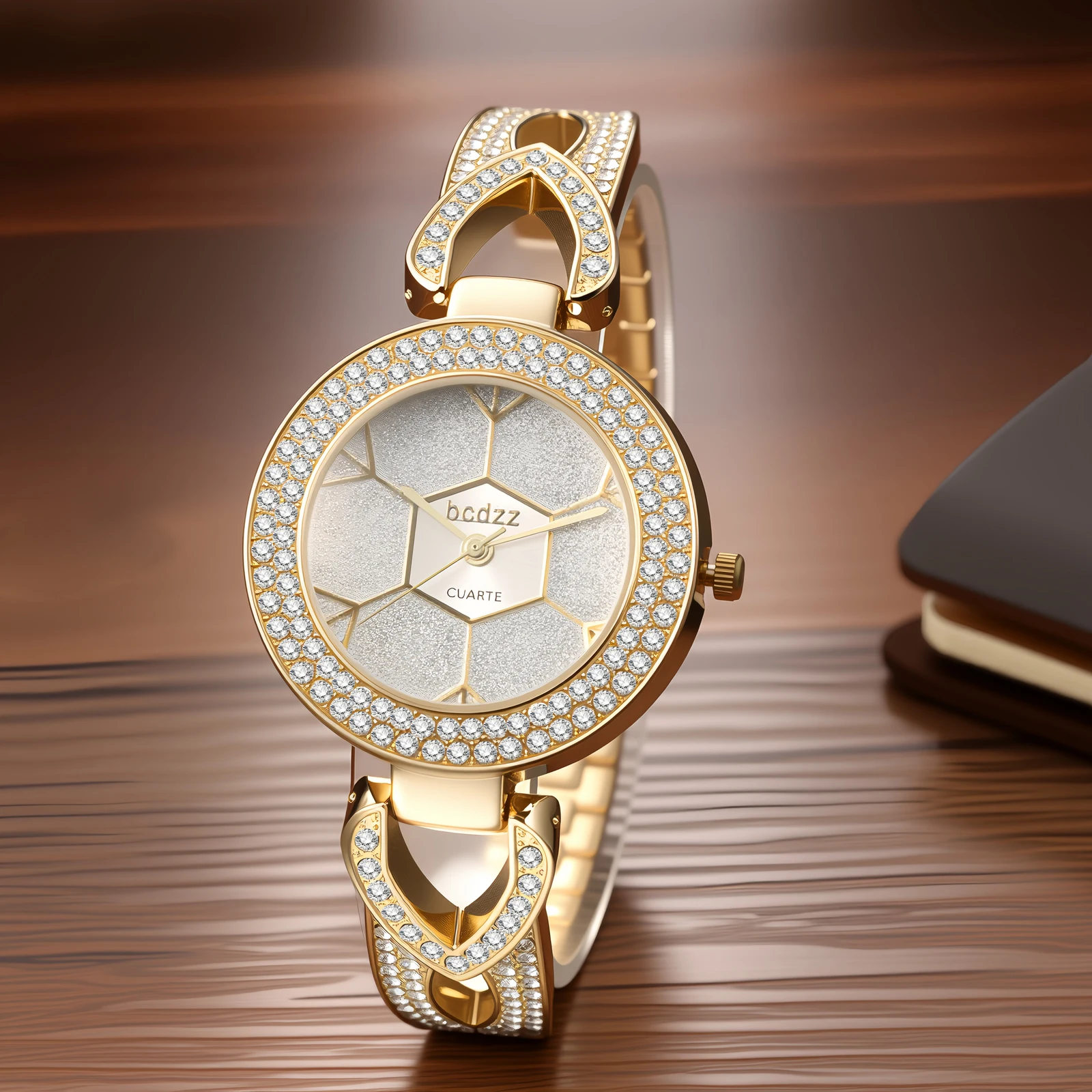 

JEWELRYWE Women Stainless Steel Diamond Watch Gold Snowflake Dial Chunky Bracelet Waterproof Quartz Luxury Watch