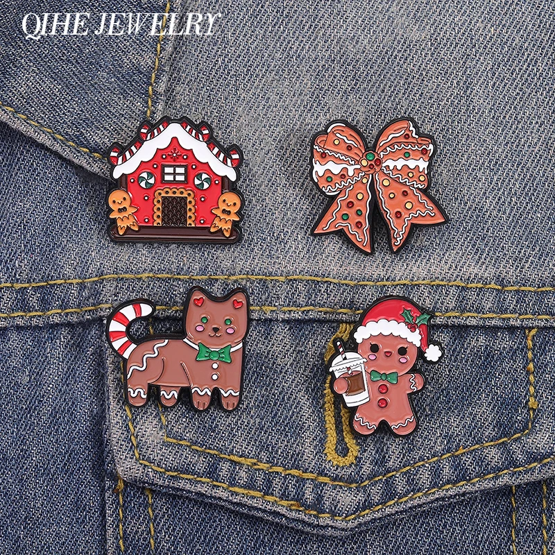 Broches de noël en émail pour poupée, bonhomme en pain d'épice, chat mignon, nœud papillon, chat, sac à dos, épingle à revers, Badge, bijoux cadeaux pour amis