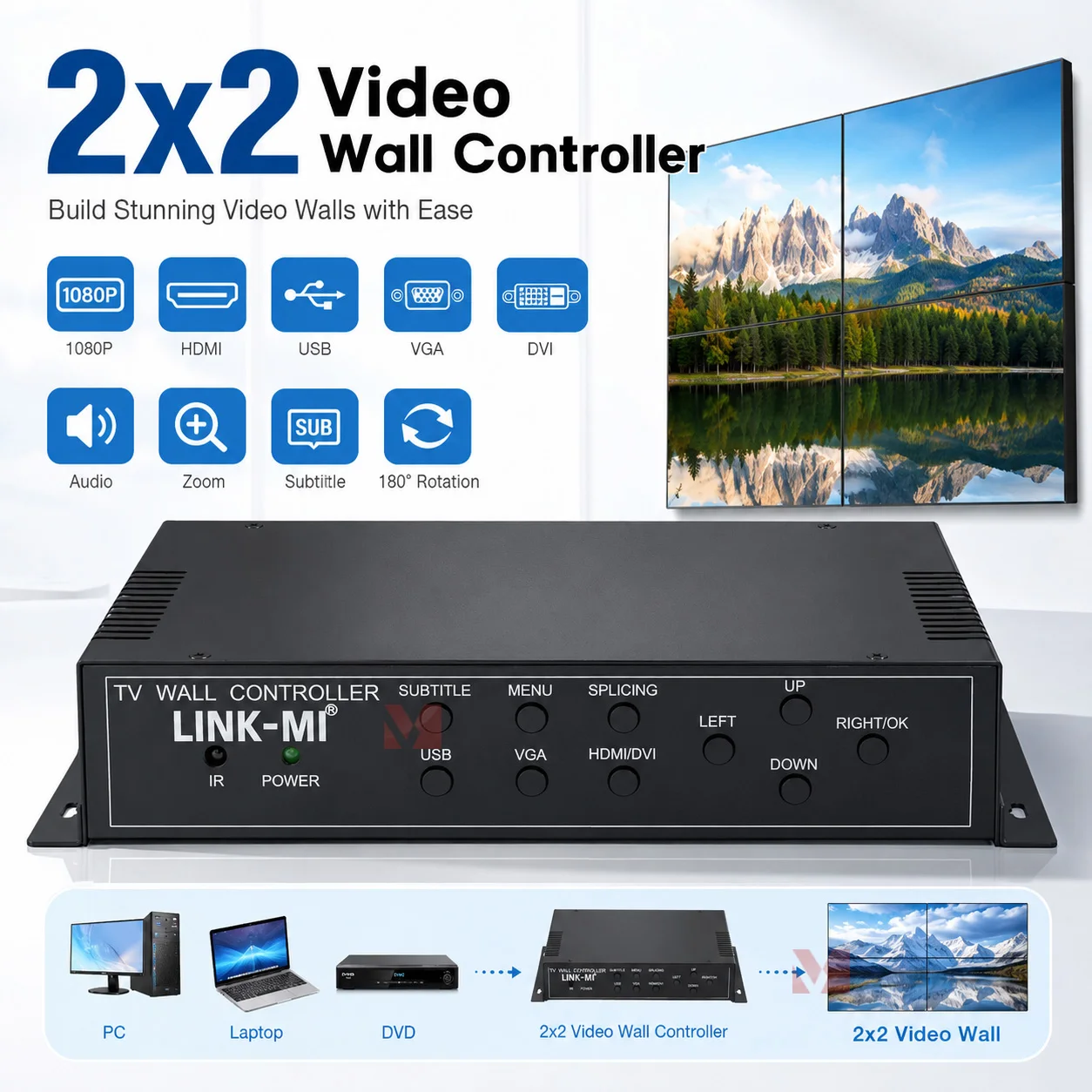 

LINK-MI 2x2 Video Wall Controller Multiple modes TV splicing box 180 Rotation Video Wall Processor with RS-232 1080@60Hz