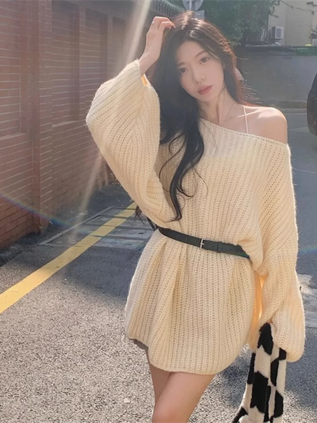 

Ladies' Oversized Lazy Sle oulder-baring Knitwear Spring Autumn New Arrival Loose Long Waist-cinched Trendy Sweater