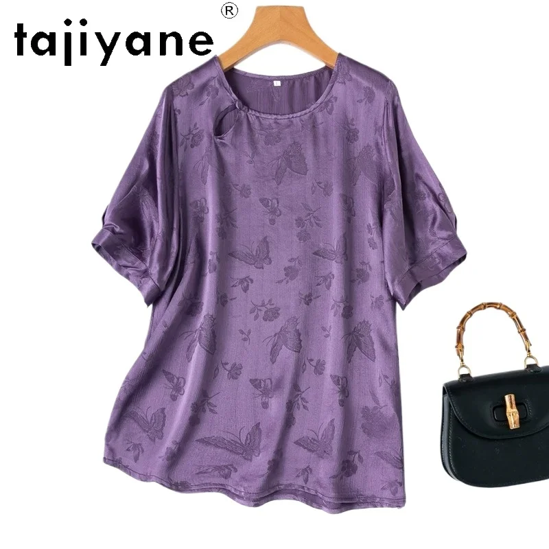 

TAJIYANE 100% Real Mulberry Silk Women T Shirts Purple Jacquard Satin T Shirt O-Neck Casual Summer Tops Woman Clothes 2026 ropa
