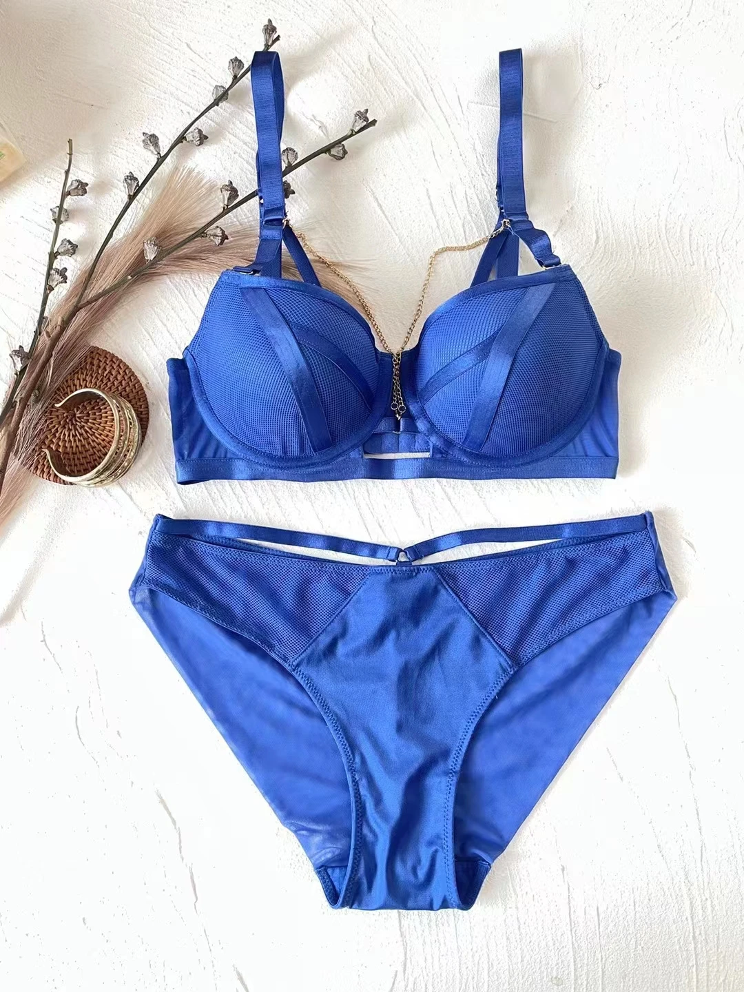 Large Mesh Straps Contrasting Color Intimates Women's Chain Detachable Beautiful Back Breast Strap Natal Red Bra Set