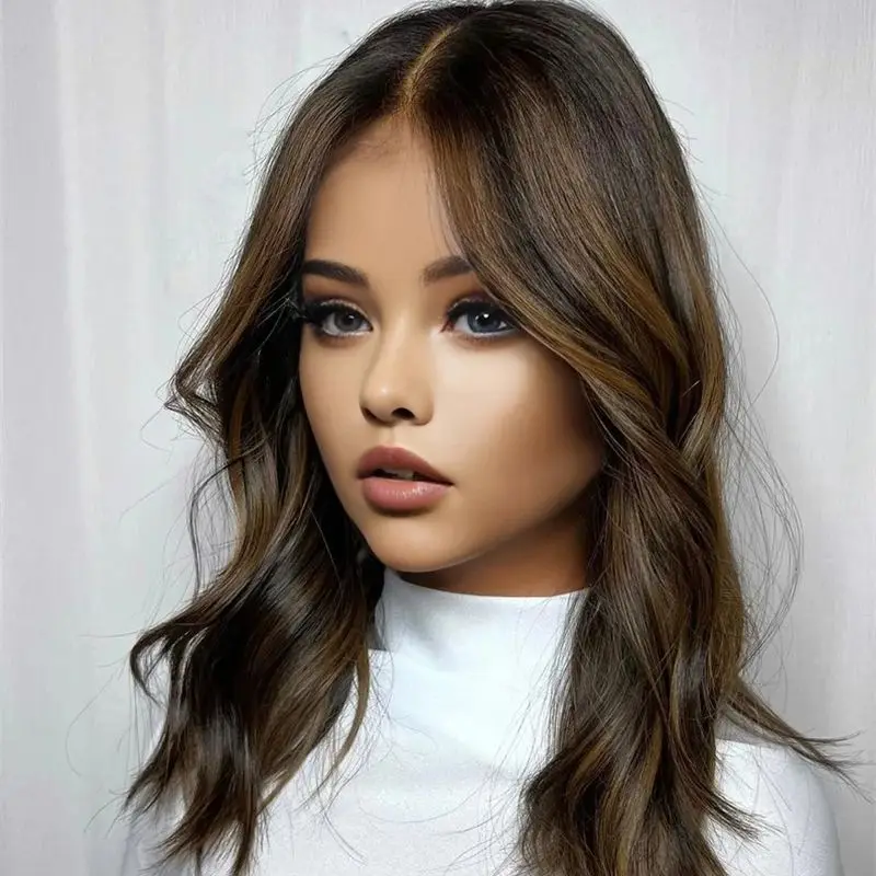 New 14 Inch Black Brown Wavy Bob Synthetic HD Lace Front Brown Wig Realistic Natural Looking Wig With Baby Hair For Women Daily