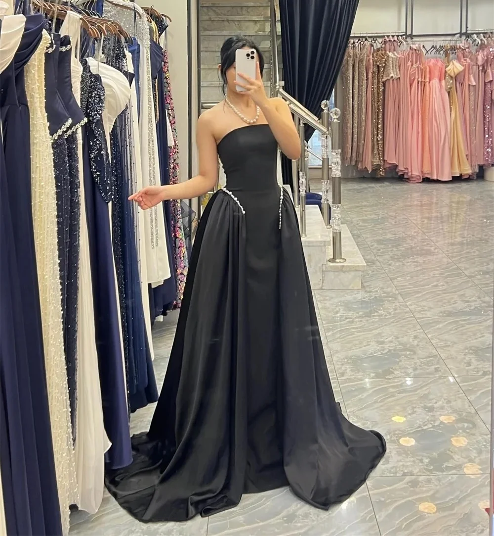 

Black Strapless Beaded Long Bespoke Occasion Gown Evening Dresses Pastrol Unisex Jersey Retro Dubai Saudi Arabic Prom Customized