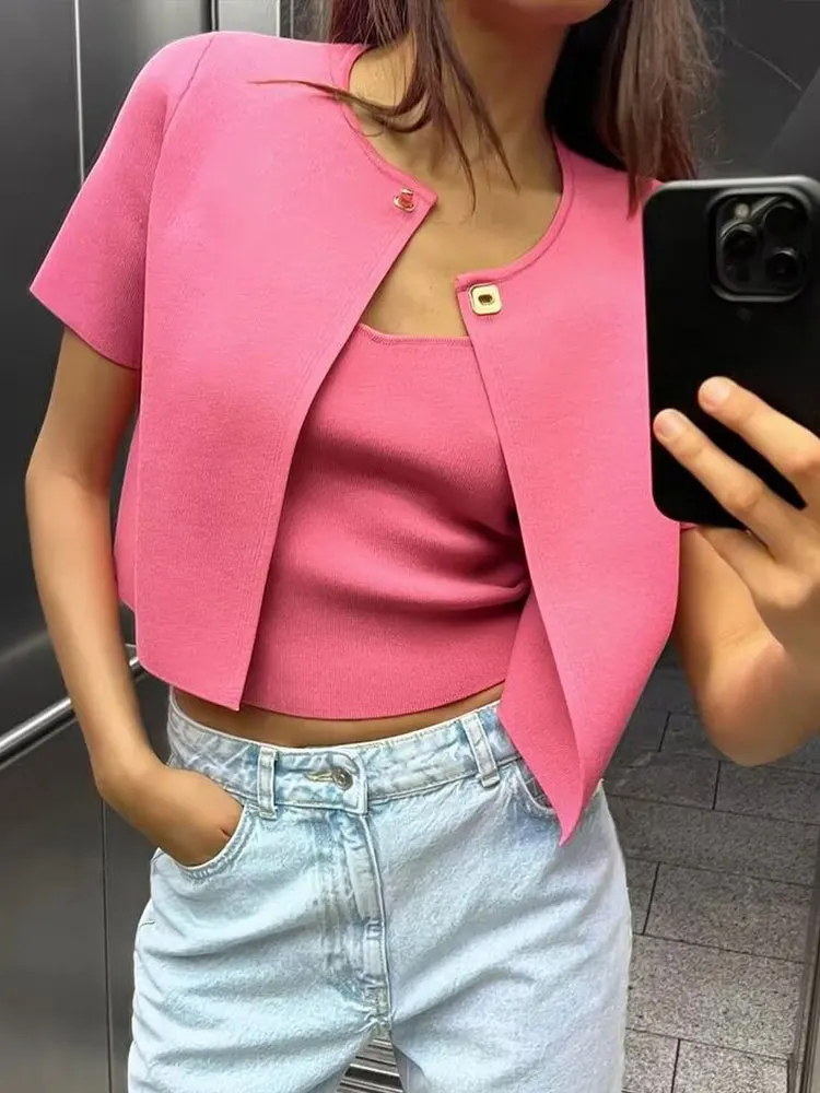 TRAFZA Women Crop Shirt Top O Neck Single Button Short Sleeve Thin Knitted Cardigan Coat Elegant Pink Slim Office Lady Outwear