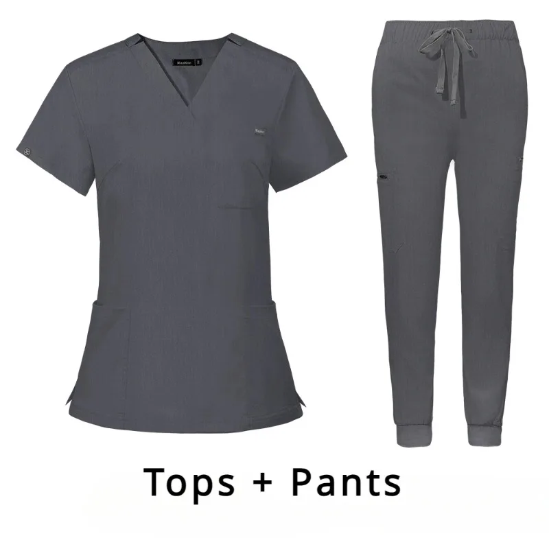 V-Neck bolso Workwear para homens e mulheres, uniformes médicos, clínica Scrub Suit, manga curta Scrubs, uniformes de enfermagem cirúrgicos