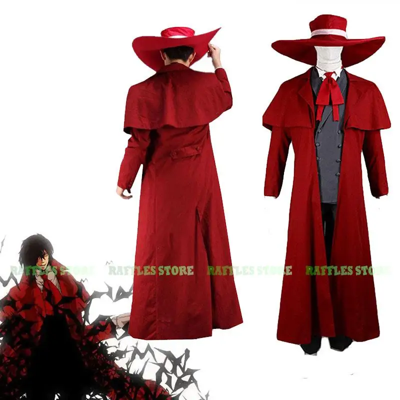 อะนิเมะการ์ตูน Hellsing Alucard คอสเพลย์เครื่องแต่งกายสีแดง Trench Alucard Van คอสเพลย์แวมไพร์หมวกเครื่องแต่งกายฮาโลวีน Carnival ผู้ชายชุด