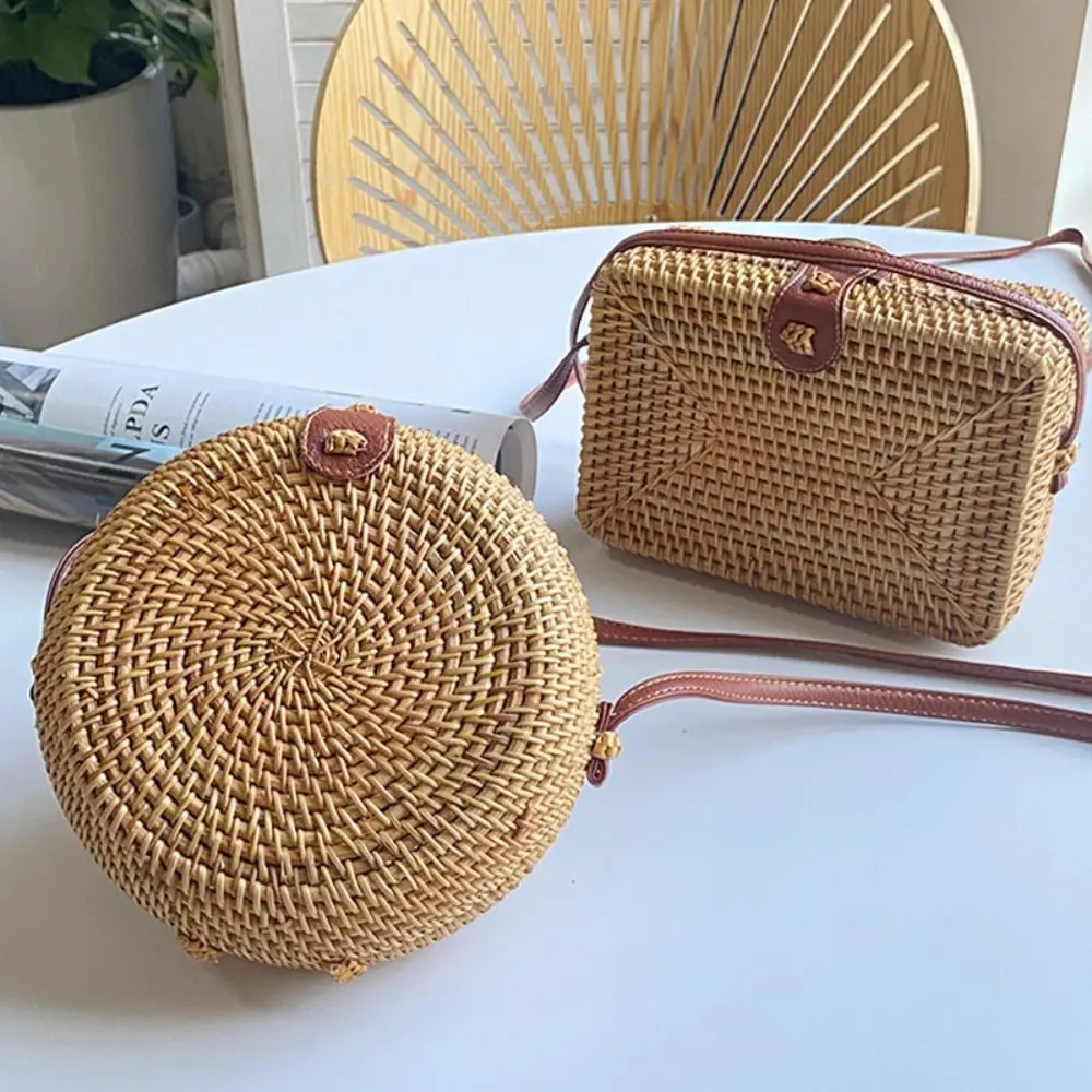 Bohemian Rattan Weave Bag Ethnic Style Hollowed Out Round Crossbody Bag Large Capacity Leather Buckle Buckle Bag Messenger Bags 2