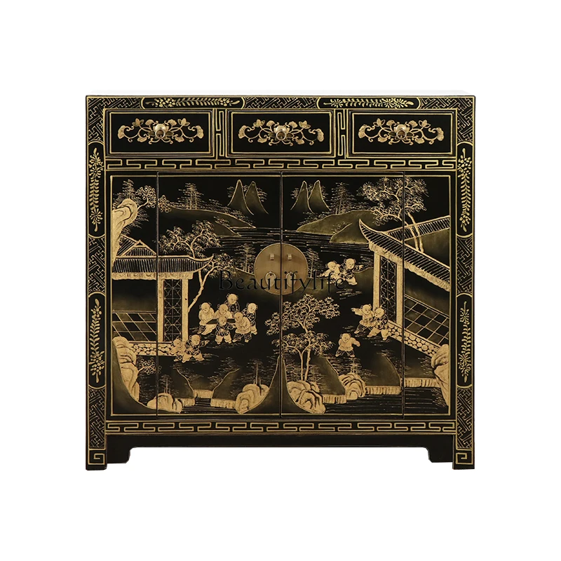 

41New Chinese furniture classical gold-painted cabinet/bedroom Ming and Qing classical storage side cabinet/solid wood entrance