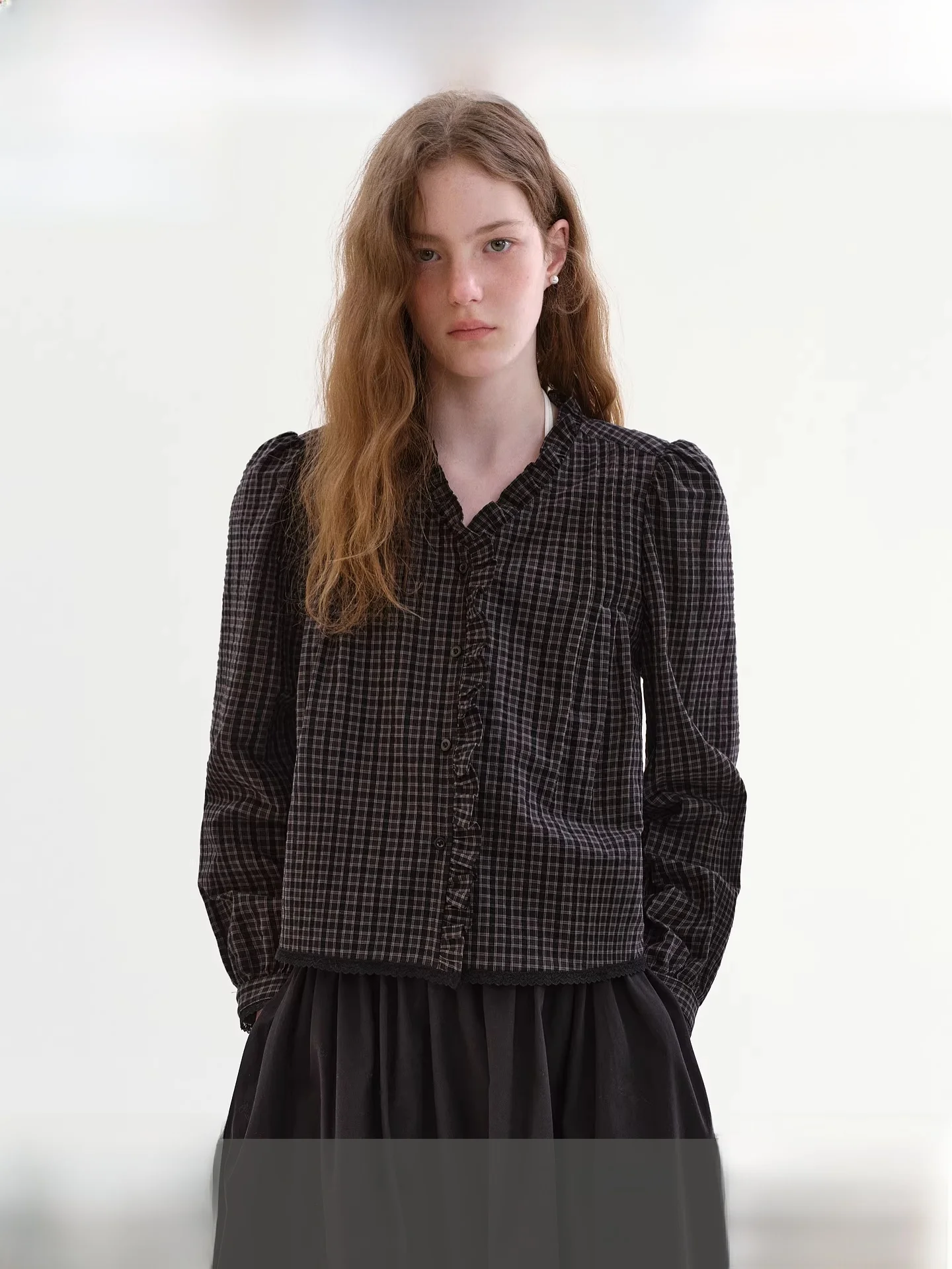 

Fano Vintage Sle Floral Lace Plaid Women's irt Spring 2026 Bubble Sve V-Ne Long Sve Cotton Commute Warmth Fem Top