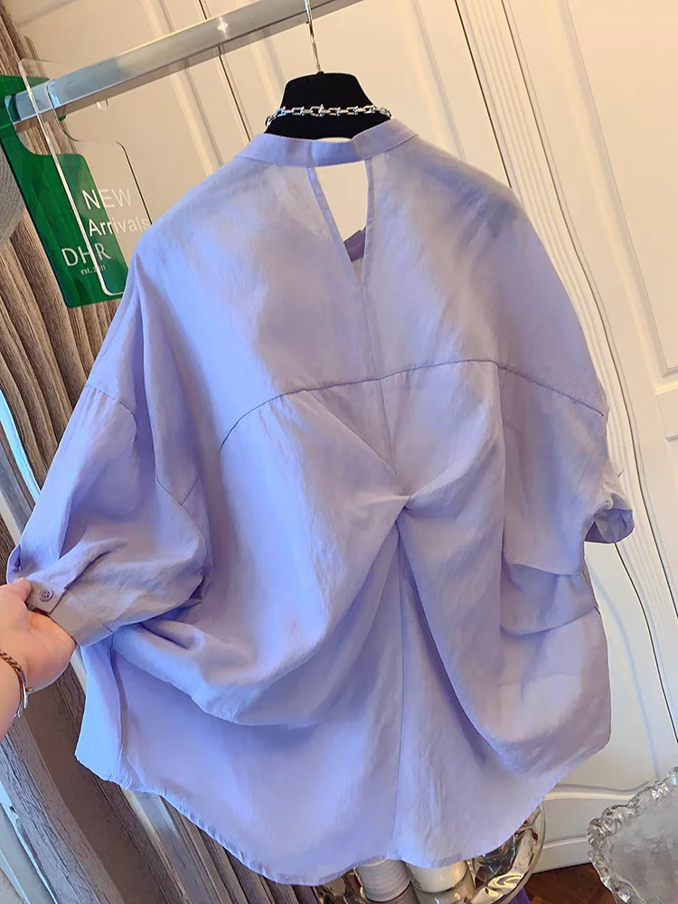 

Шикарная фиолетовая женская рубашка с узлом на спине, свободного кроя, с коротким рукавом, в корейском стиле, лето 2025, повседневный универсальный топ из тонкого материала с круглым вырезом
