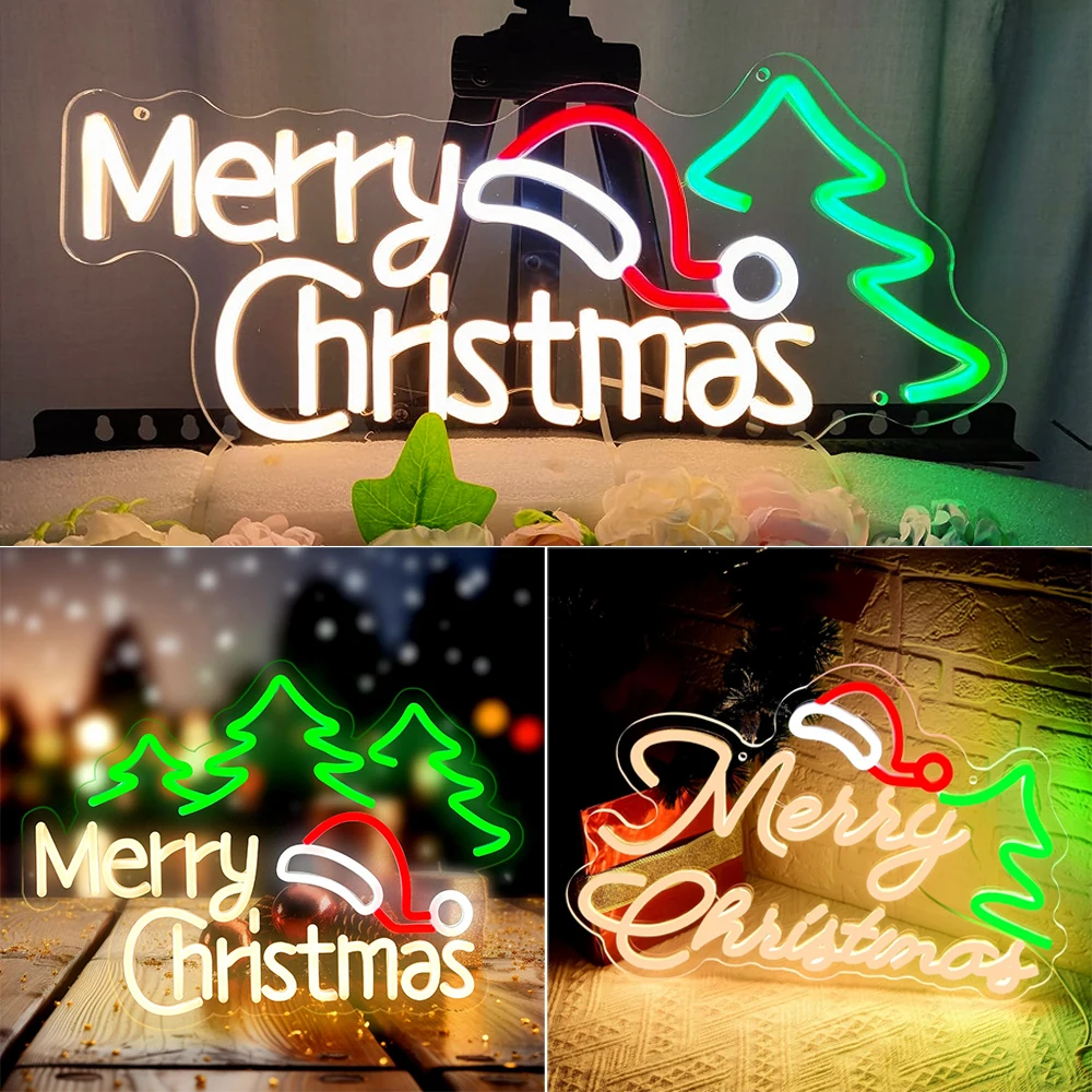 

Merry Christmas Neon Sign Wall Decor Santa Hat Xmas Tree For Christmas Party Room Decoration Led Light Dimmable Home Bar Lamp