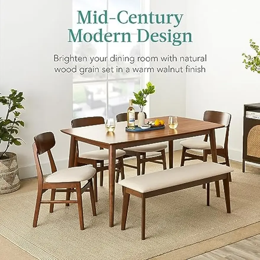 6-Piece Dining Set, Mid-Century Modern Wooden Table & Upholstered Chair Set for Kitchen, Dining Room w/ 4 Chairs, Bench Seat