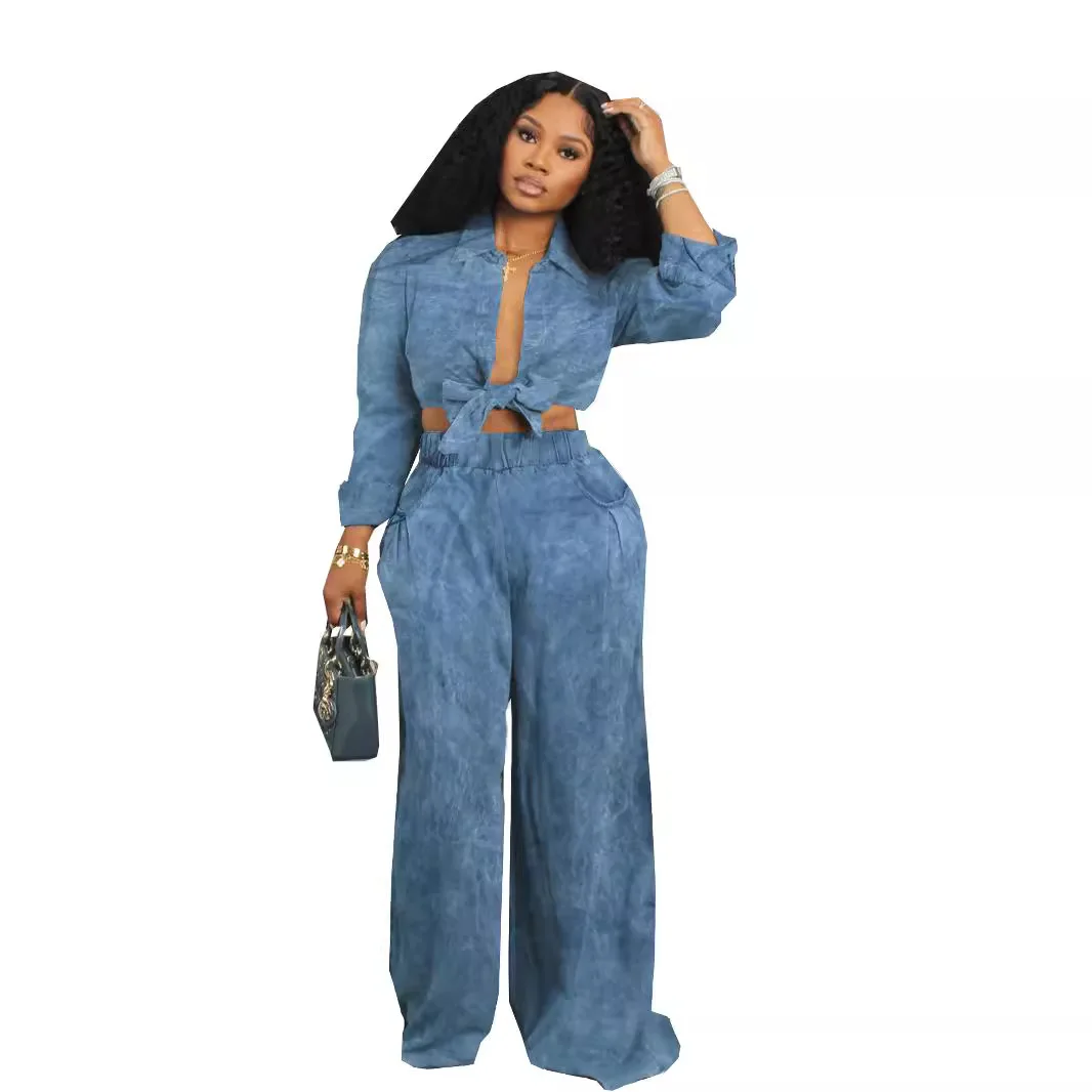 الخريف النساء دعوى التلبيب بأكمام طويلة الدانتيل متابعة قميص علوي مرونة الخصر واسعة الساق بنطلون Conjunto Dos Piezas Mujer Elegante عادية