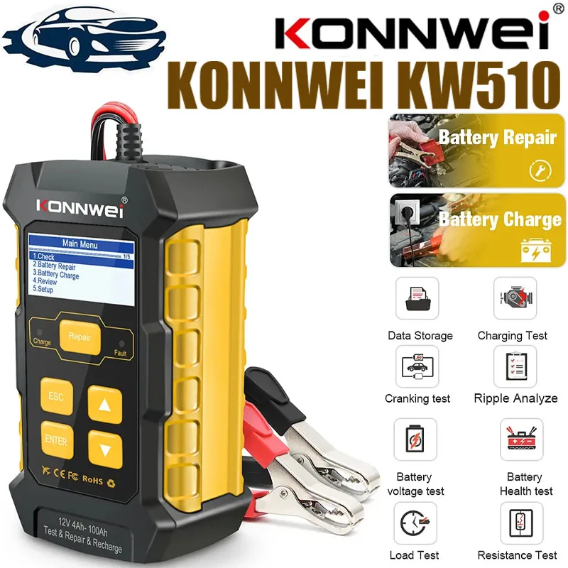 

KONNWEI KW510 Full Automatic 12V Car Battery Tester Pulse Repair 5A Battery Chargers Wet Dry AGM Gel Lead Acid Car Repair Tool