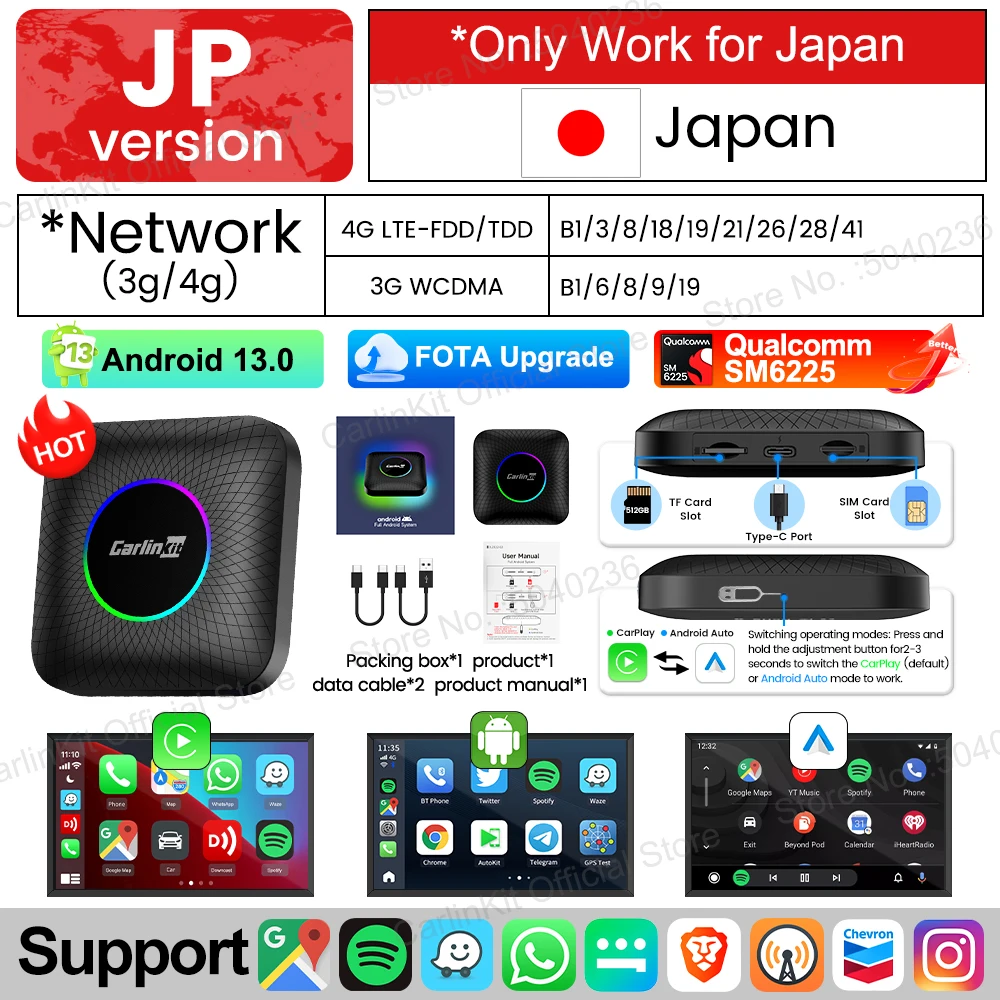 CarlinKit LED Android 13 TV Box SM6225/SDM660 8-Core Draadloze CarPlay & Android Auto Ai Box GPS Ondersteuning Netflix/IPTV/TF/SIM-kaart