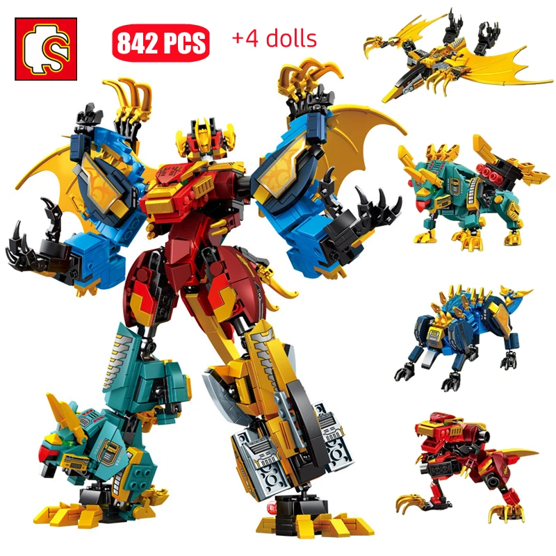 SEMBO 4in1 Transforming Robot Mecha Building Blocks Kits Dinosaur World Mech Model Assembly Bricks Kids Toys Boys Birthday Gifts