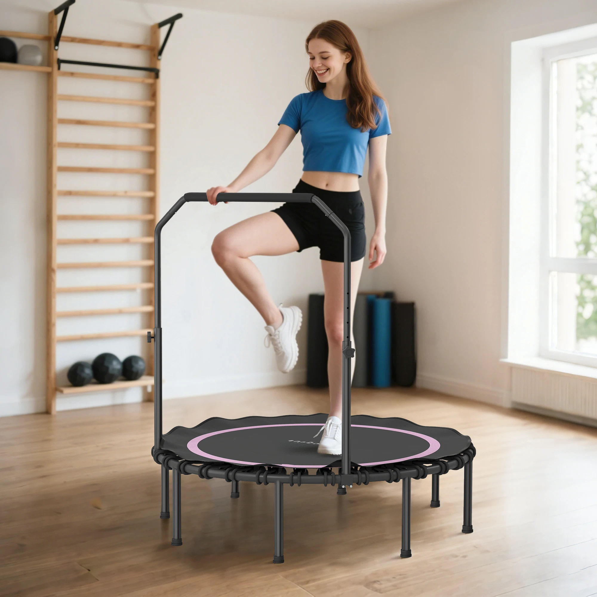 Trampolín de ejercicio: 36 cuerdas elásticas de alta elasticidad que proporcionan un ejercicio más suave, silencioso y respetuoso con las articulaciones.