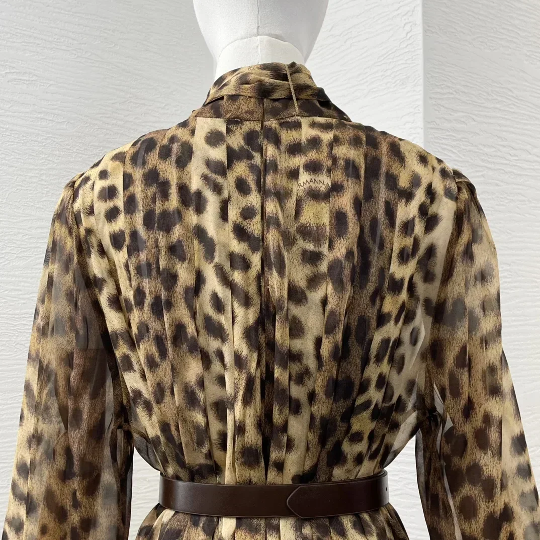 Vestidos Midi clásicos de leopardo 2025, recién llegados, alta calidad, manga acampanada, con cordones, lazo, cinturón, Vintage, para vacaciones