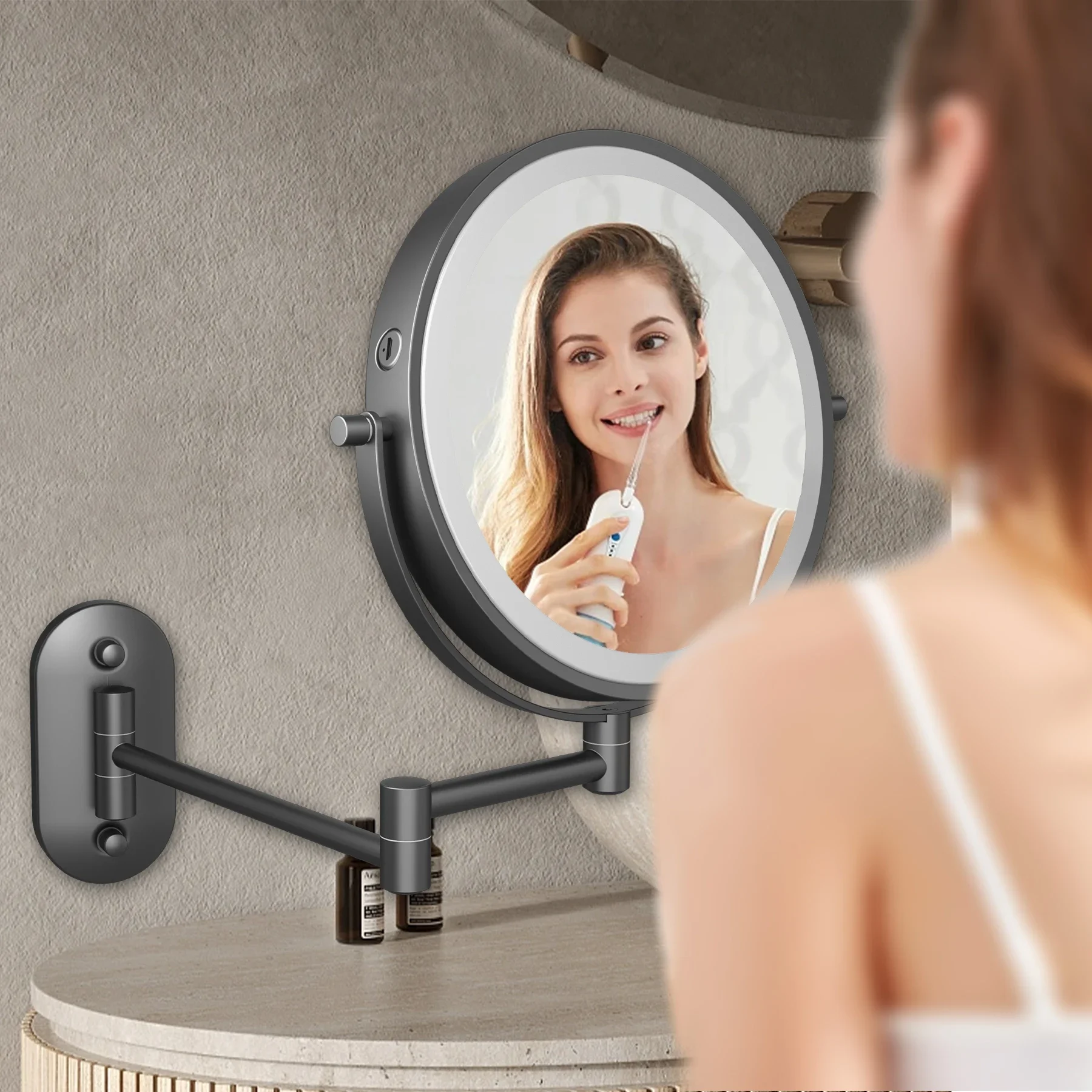 TUSHENGTU Espelho de maquiagem preto giratório 360 de 8 polegadas montado na parede 10x ampliação dupla face vaidade espelho de banheiro barbear