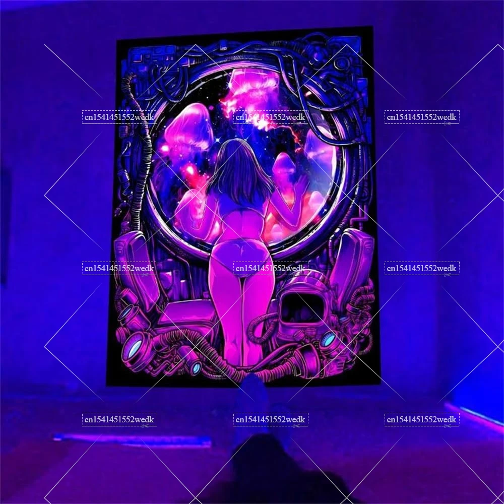 Hippie Girl Fluorescent Tapestry For Room UV Reactive Neon Fluorescent Tapestrys Glow In The Dark Wall Art Aesthetic Wallpapers