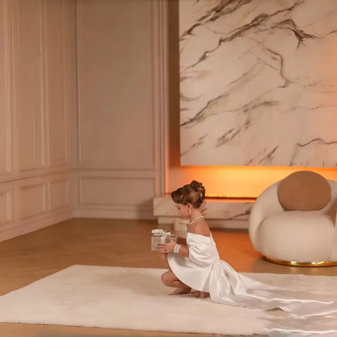 Off‑Shoulder Satin Flower Girl Dress Short Mini With Long Train Puff Sleeve White Kids Wedding Party Gown