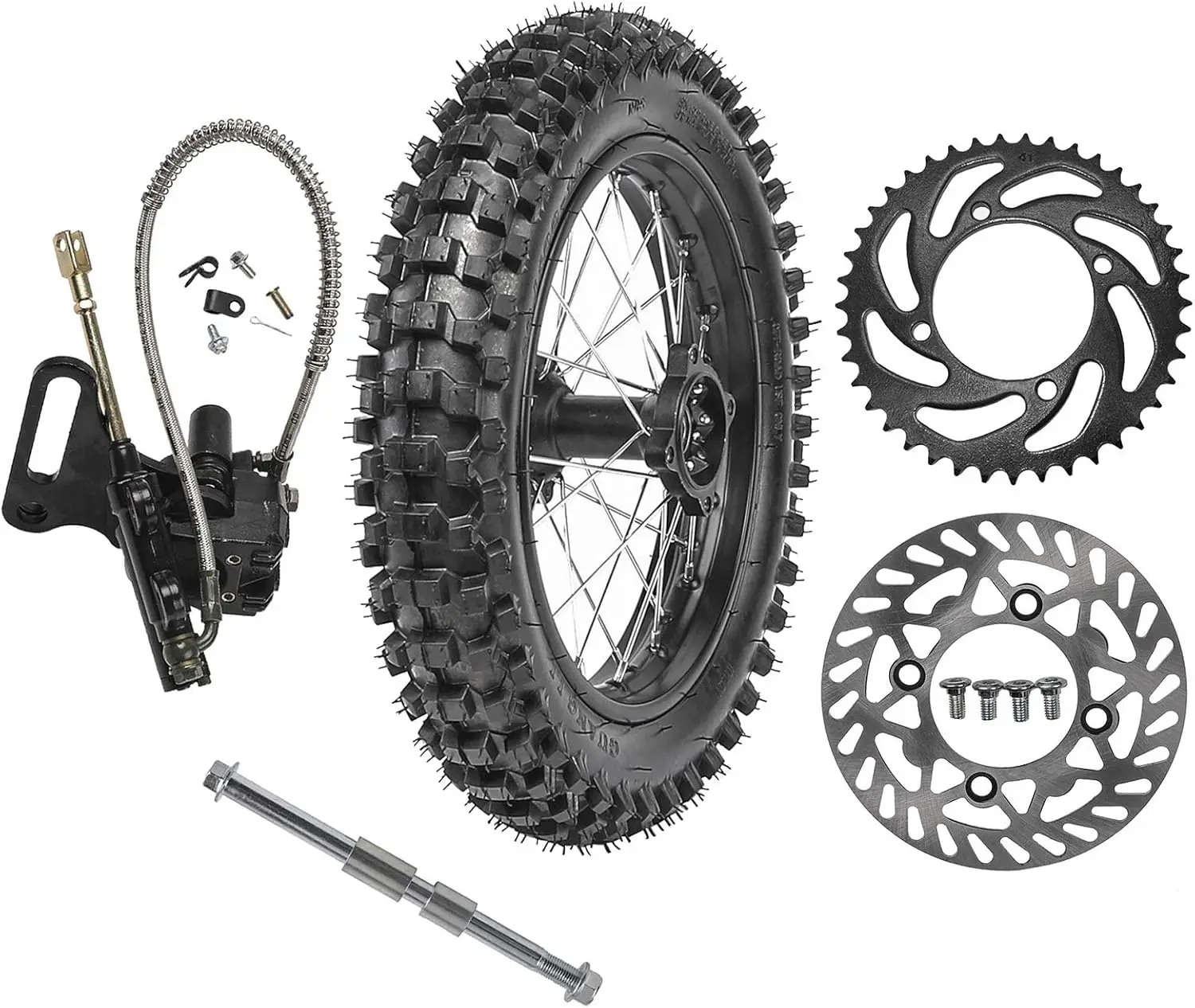 

90/100-14 Rear Wheel Tire Rim with 15mm Bearing & Brake Disc Rotor & 428 41T Sprocket & Hydraulic Disc Brake Caliper Master