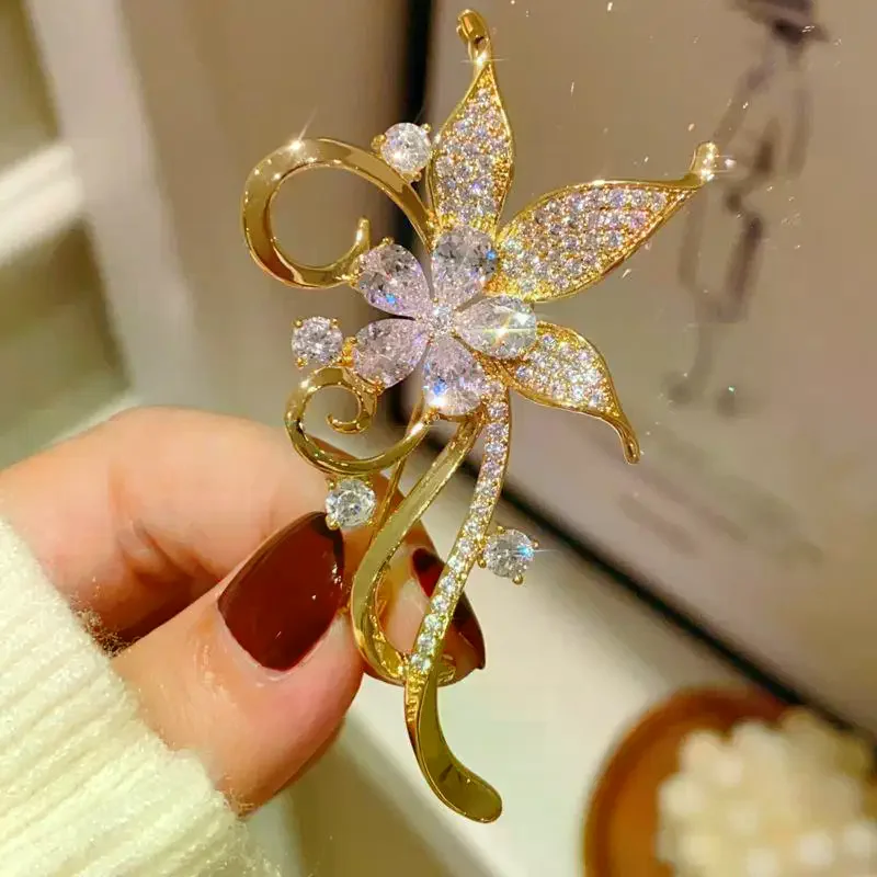 Fashion Rhinestone Bauhinia Flower Brooches For Women Clothing Coat Jewelry Accessories Gifts